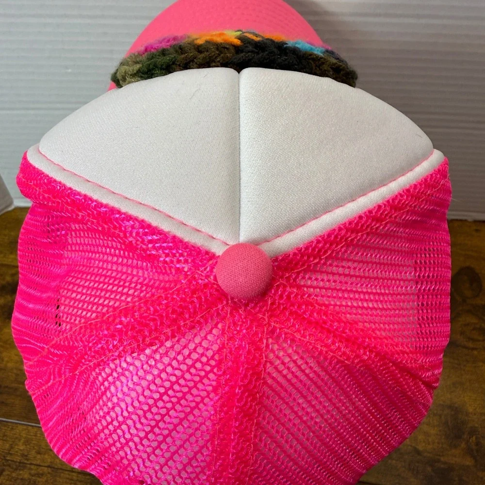 Handmade Crochet Granny Square Patch Trucker Hat Cap Neon Pink White Boho Unique